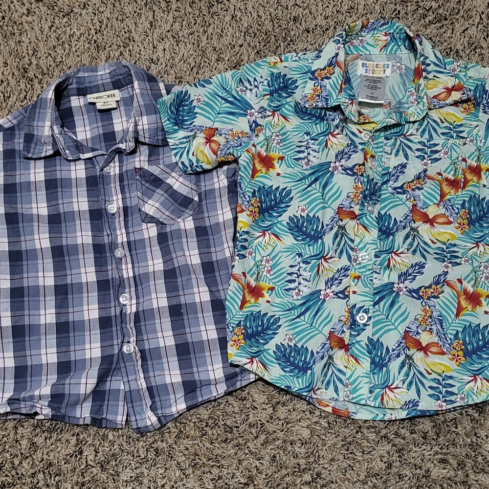 Cherokee Blue Plaid and Tropical Print Kids Shirt Set